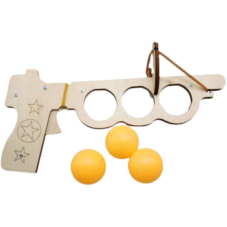 Wooden DIY table tennis elastic launcher toy with three yellow balls and rubber bands