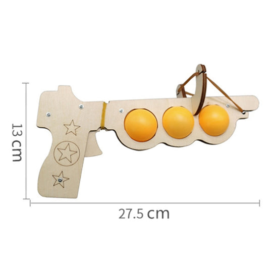 Wooden elastic table tennis launcher toy with three yellow balls and star cutout design