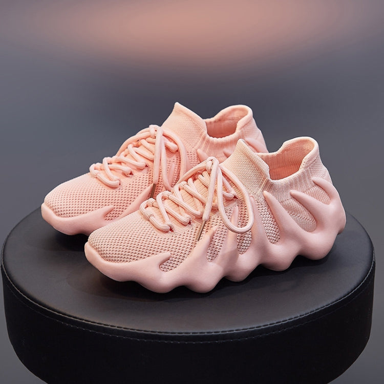 Pink knit sock shoes with mesh upper, lace-up front, and cushioned sole view