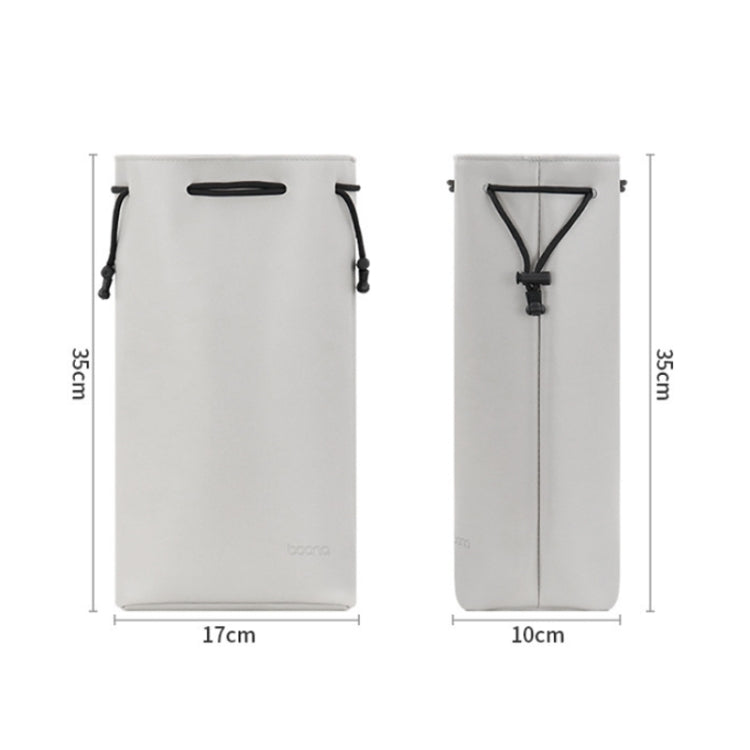 White storage bag with 35cm height; 17cm front width, 10cm side width.