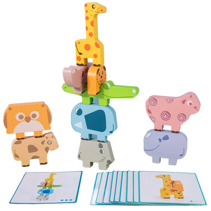 Wooden animal stacking balance toy set with layered animal blocks and instruction boards