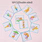Double-sided activity card set showing animal stacking balance challenges