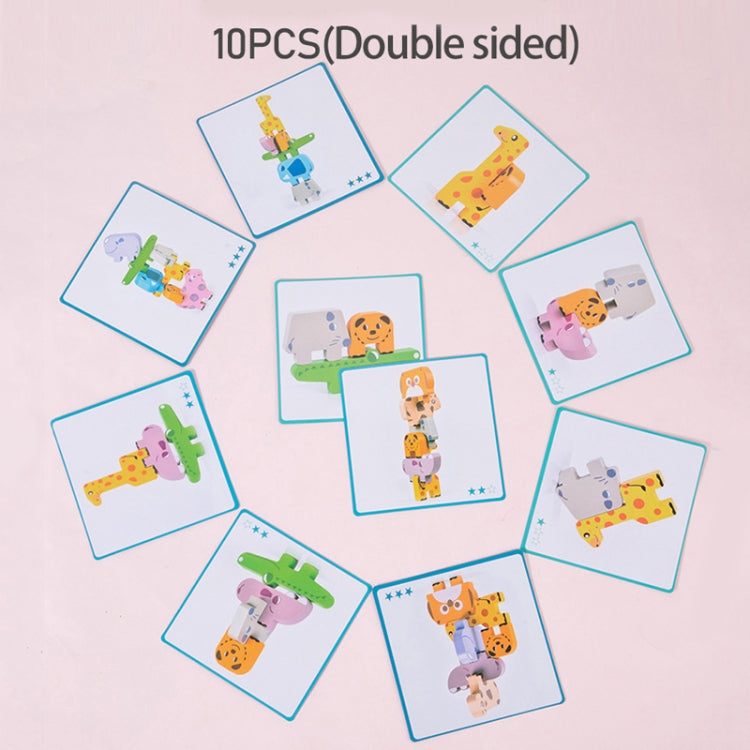 Double-sided activity card set showing animal stacking balance challenges
