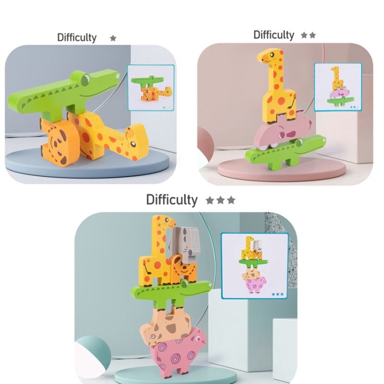 Animal stacking balance game showing three difficulty levels with animal block towers