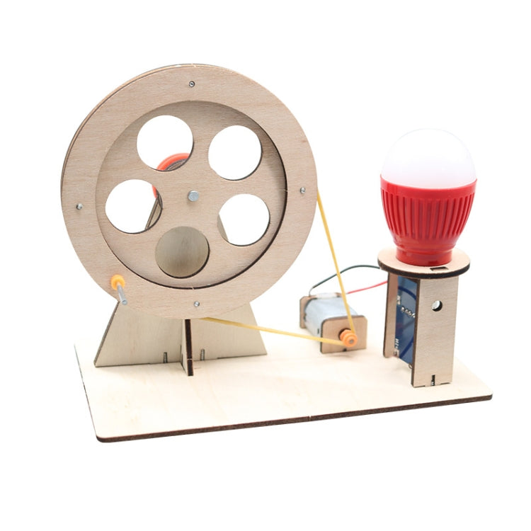 Wooden hand generator puzzle toy with circular wheel, red bulb, and crank base