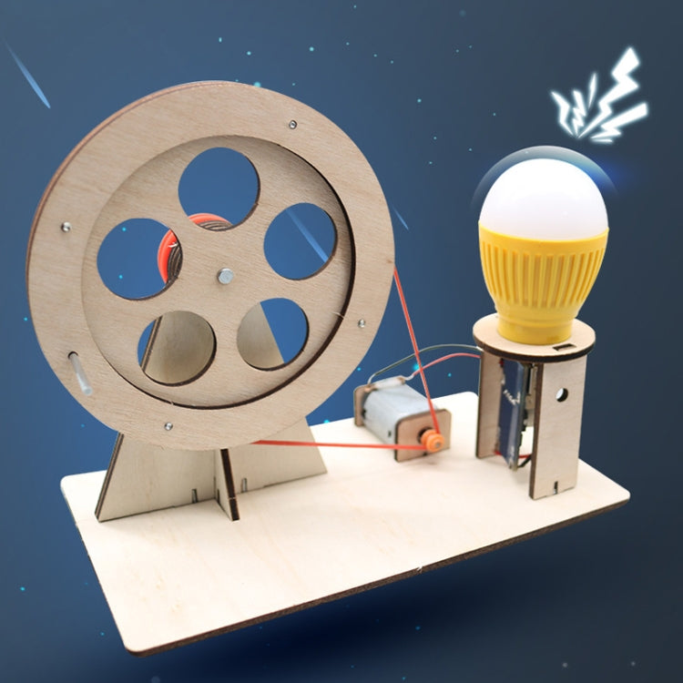 Wooden hand generator puzzle with circular wheel, glowing yellow bulb, and wire leads