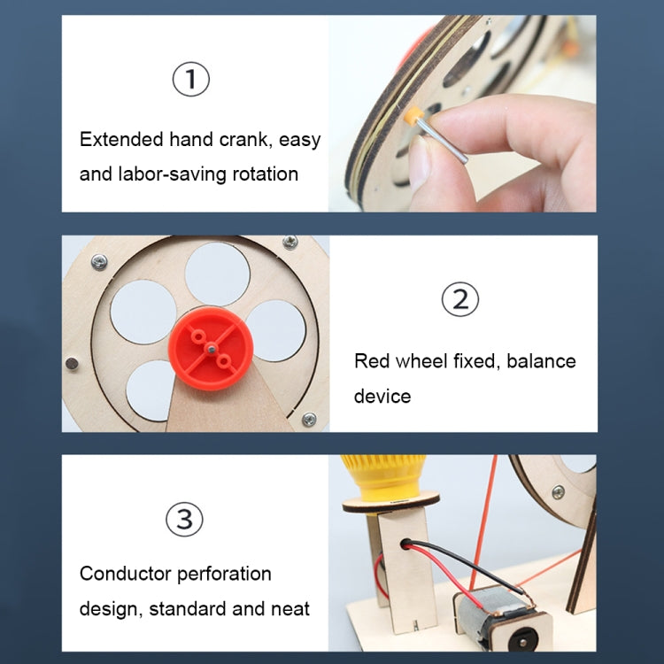 Instruction infographic showing hand crank, red wheel, and conductor perforation design