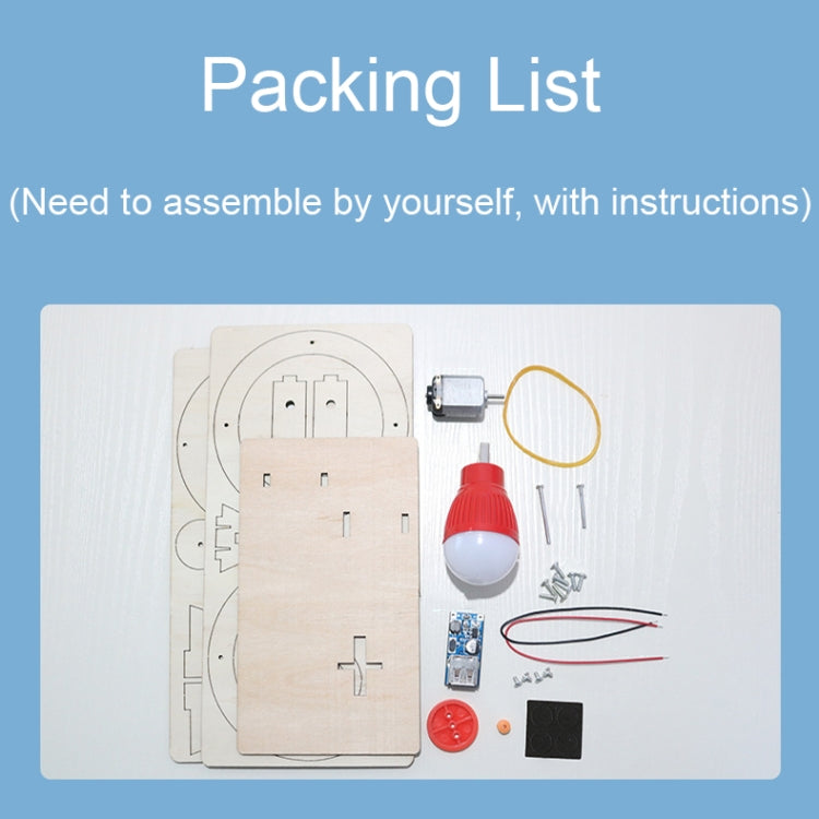 DIY hand generator kit parts: wooden boards, red bulb, wires, motor, and screws