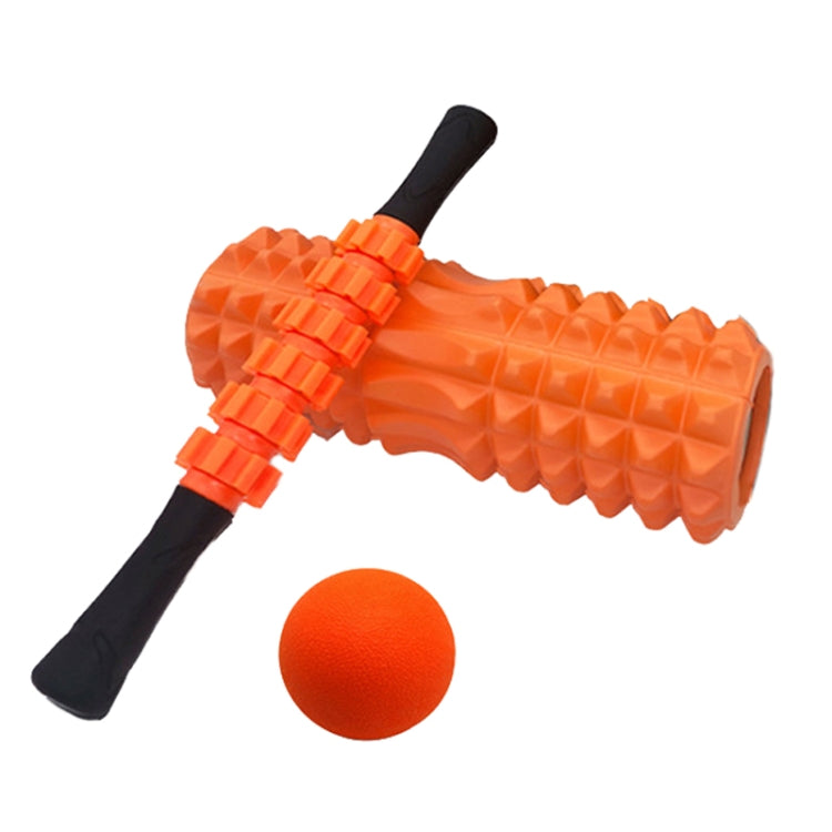 Orange foam roller set with ridged roller, massage stick, and orange exercise ball