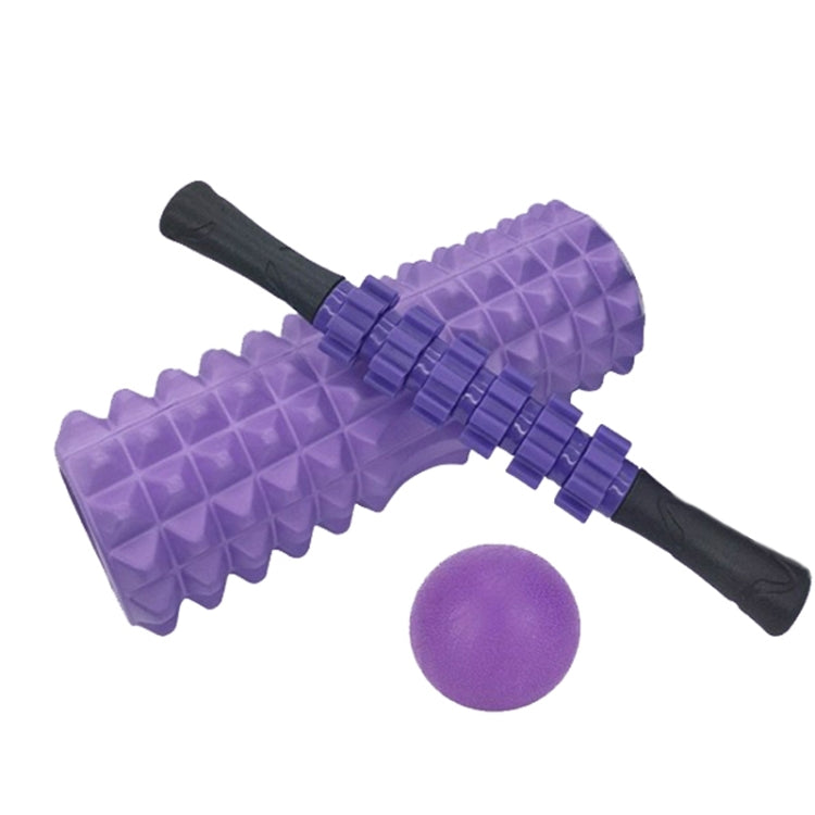 Purple foam roller set with ridged roller, massage stick, and purple exercise ball