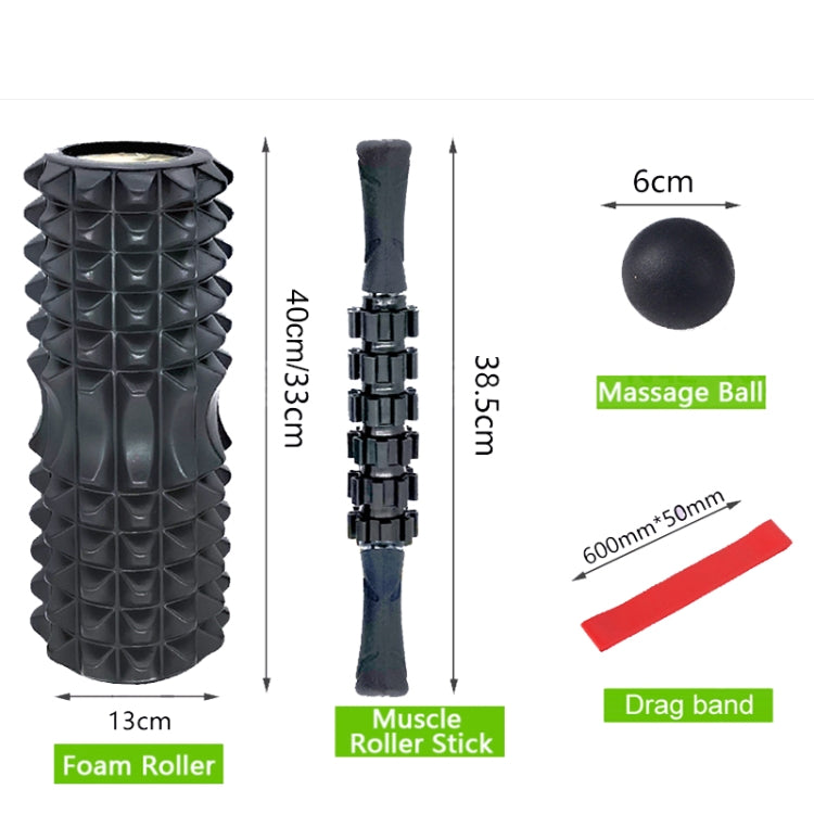 Black foam roller and massage stick with massage ball and drag band