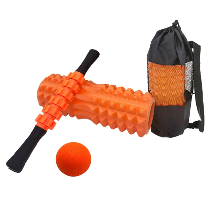 Orange foam roller and massage bar set with orange ball, in carrying bag