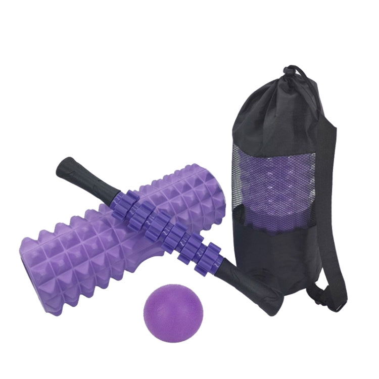Purple foam roller and massage bar set with purple ball, in carrying bag