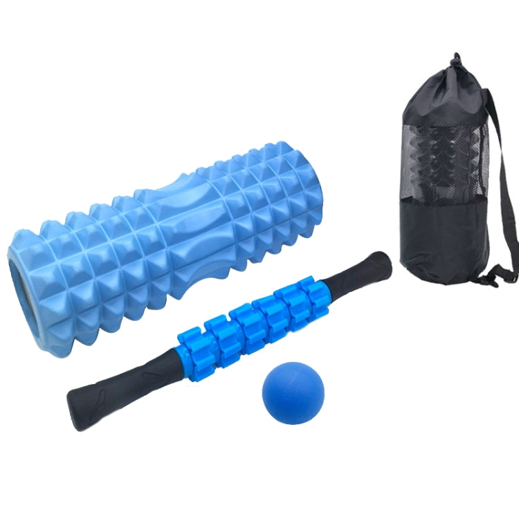 Blue foam roller and massage bar set with blue ball, in carrying bag