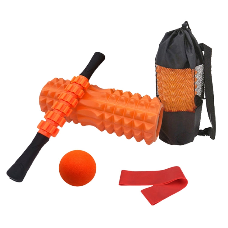 Orange foam roller and massage stick set with ball, resistance bands, and carry bag