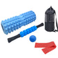 Blue foam roller and massage stick set with blue ball, resistance bands, and carry bag