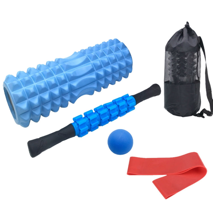Blue foam roller and massage stick set with blue ball, resistance bands, and carry bag