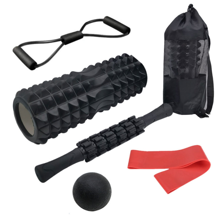 Black yoga foam roller set with massage roller, foam ball, resistance bands, carry bag