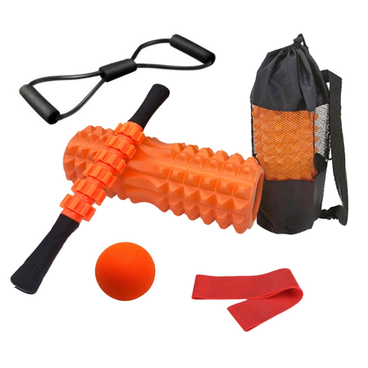 Orange yoga foam roller set with massage roller, foam ball, resistance bands, carry bag