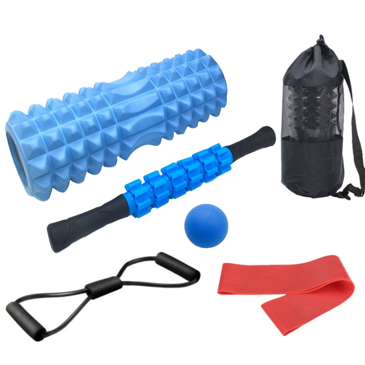 Blue yoga foam roller set with massage roller, foam ball, resistance bands, carry bag