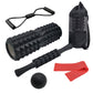 Black yoga foam roller set with massage roller, foam ball, resistance bands, carry bag