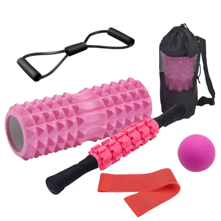 Pink yoga foam roller set with massage roller, foam ball, resistance bands, carry bag