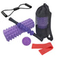 Purple yoga foam roller set with massage roller, foam ball, resistance bands, carry bag