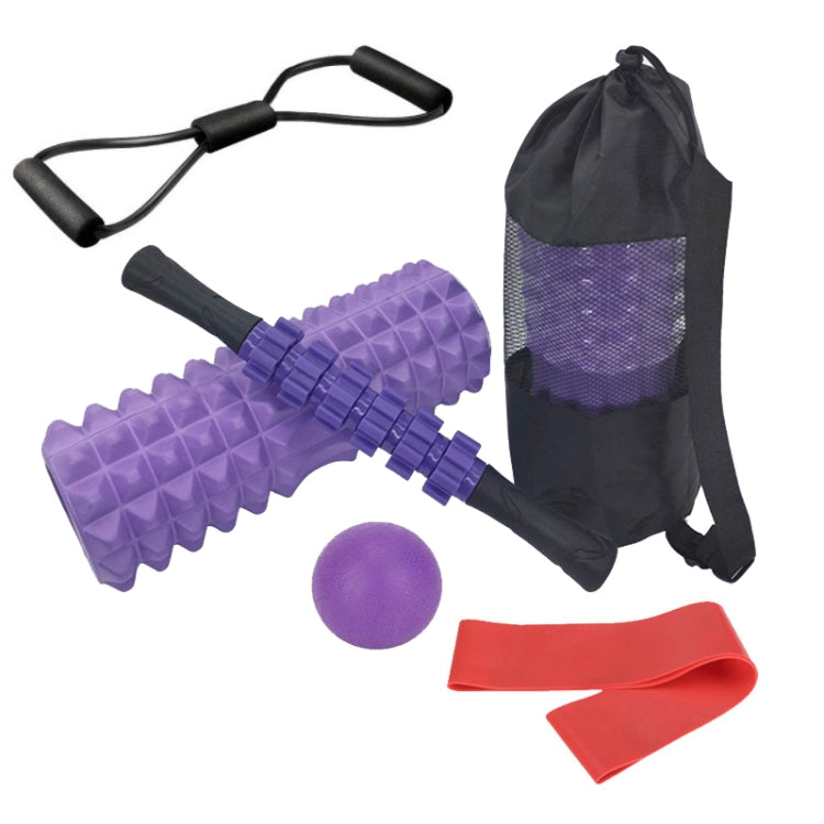 Purple yoga foam roller set with massage roller, foam ball, resistance bands, carry bag