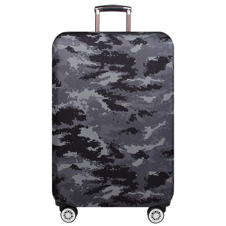 Gray digital camo rolling suitcase dust cover with handle opening and wheel cutouts