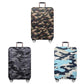 Camouflage dustproof suitcase covers on wheeled bags, shown from multiple angles