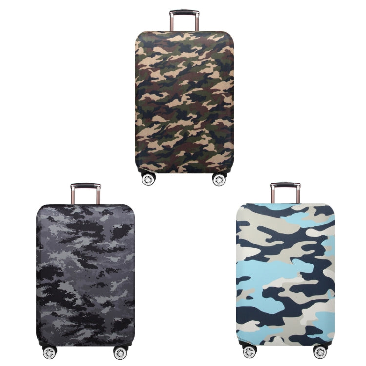 Camouflage dustproof suitcase covers on wheeled bags, shown from multiple angles