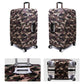 Brown camouflage dustproof suitcase cover on wheeled upright bag with zipper and handle