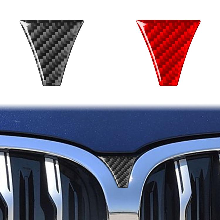 Black and red carbon-fiber triangular grille decorative stickers shown side by side