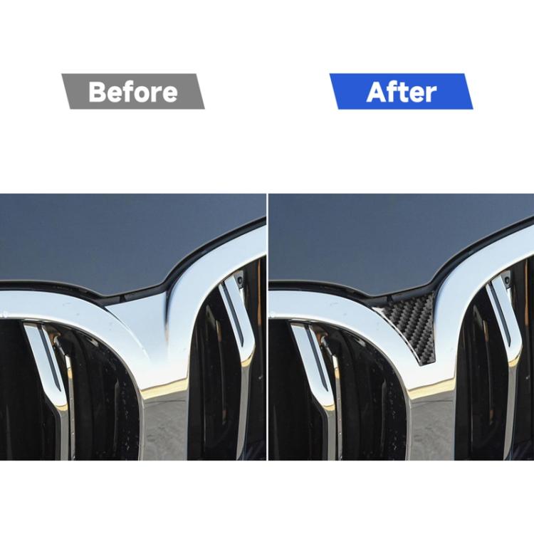 Front grille trim with black carbon-fiber triangular decorative insert, installed