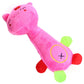 Pink plush pig-shaped dog teething toy with sound button and bright multicolor feet