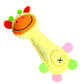 Yellow plush deer-shaped dog teething toy with sound button and multicolor feet