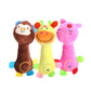 3-pack plush sound dog toys: brown monkey, yellow deer, pink pig with multicolor feet