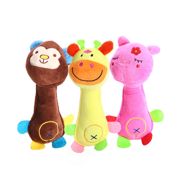 3-pack plush sound dog toys: brown monkey, yellow deer, pink pig with multicolor feet