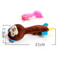 Brown plush monkey dog teething toy, 21cm long, with sound button and multicolor feet