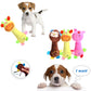 Plush sound dog toys: yellow deer, brown monkey, and pink pig displayed with a dog