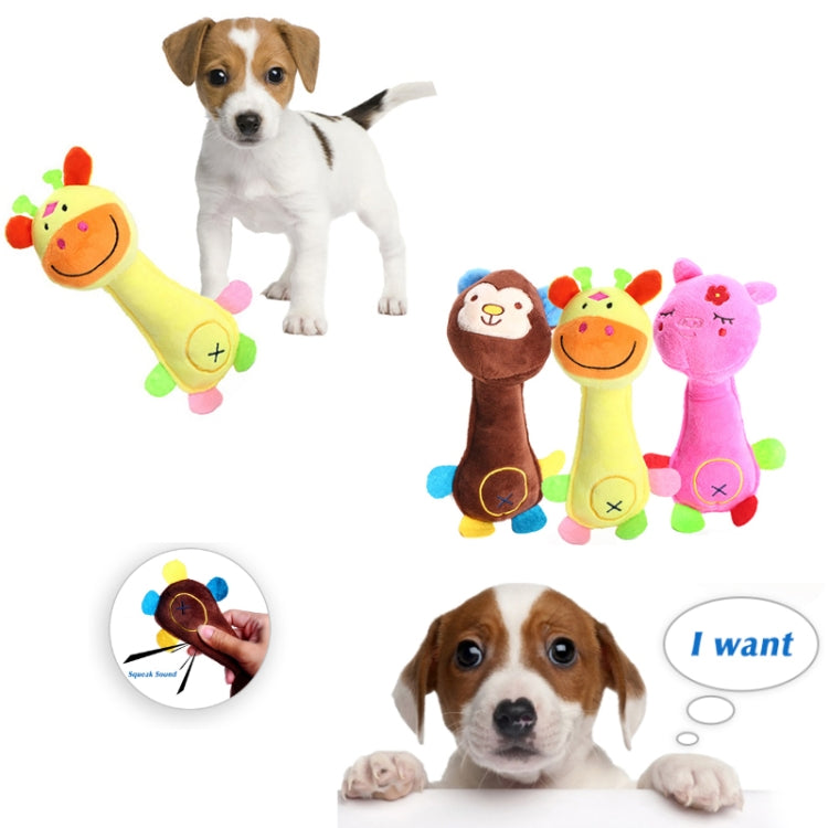Plush sound dog toys: yellow deer, brown monkey, and pink pig displayed with a dog