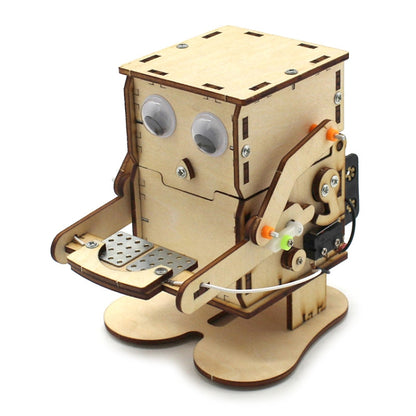 Wooden robot coin-eating DIY toy with orange gears and front control panel