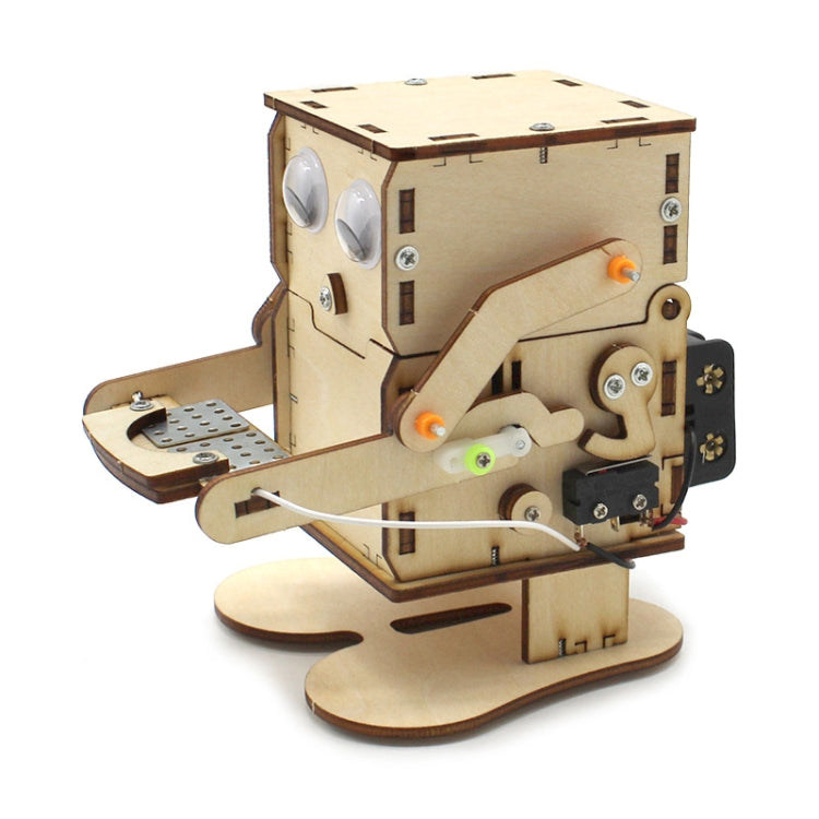 Wooden robot coin-eating toy with open side, orange gears, and base stand