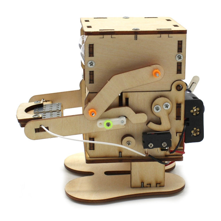 Wooden robot coin-eating toy with side arm, gray motor parts, and orange accents