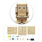 DIY wooden robot kit parts and diagrams, circular close-up of assembled coin feeder