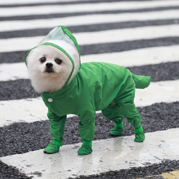 Green hooded waterproof four-leg pet raincoat with full-body cover.