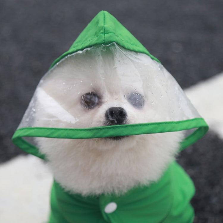 Close-up of green hooded pet raincoat with snap closure at chest