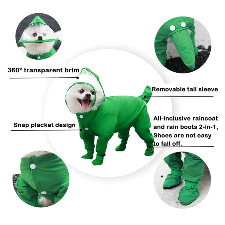 Green all-in-one raincoat with 360 transparent brim, snap placket, and rain boots