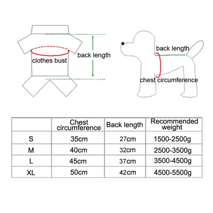 Size chart for four-leg pet raincoat: chest circumference and back length by S-XL