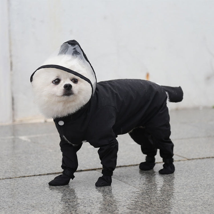 Black four-leg pet raincoat with hood, snap buttons, and covered paws